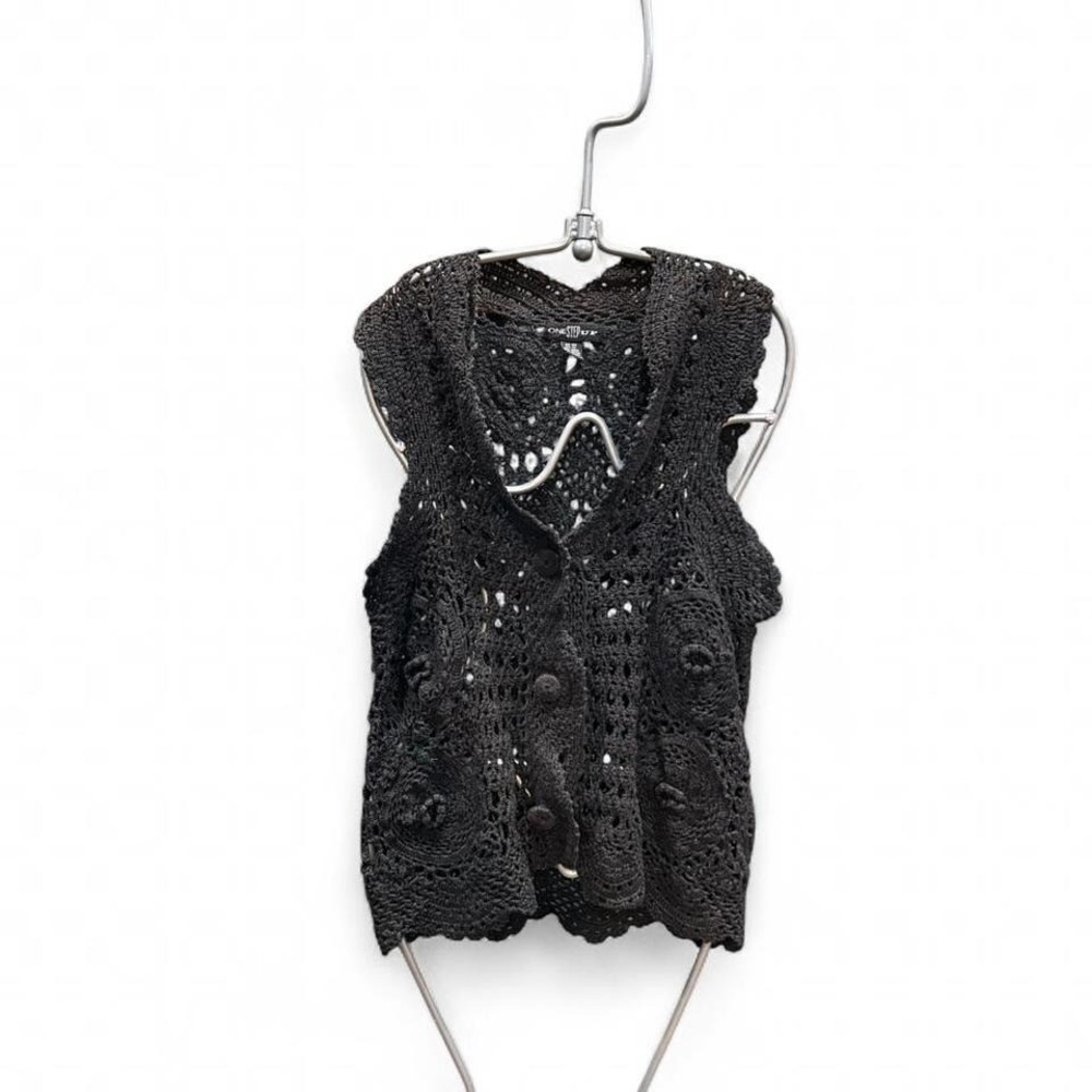 Women's retro 90d black crochet vest with buttons by "one step up" size OSFM